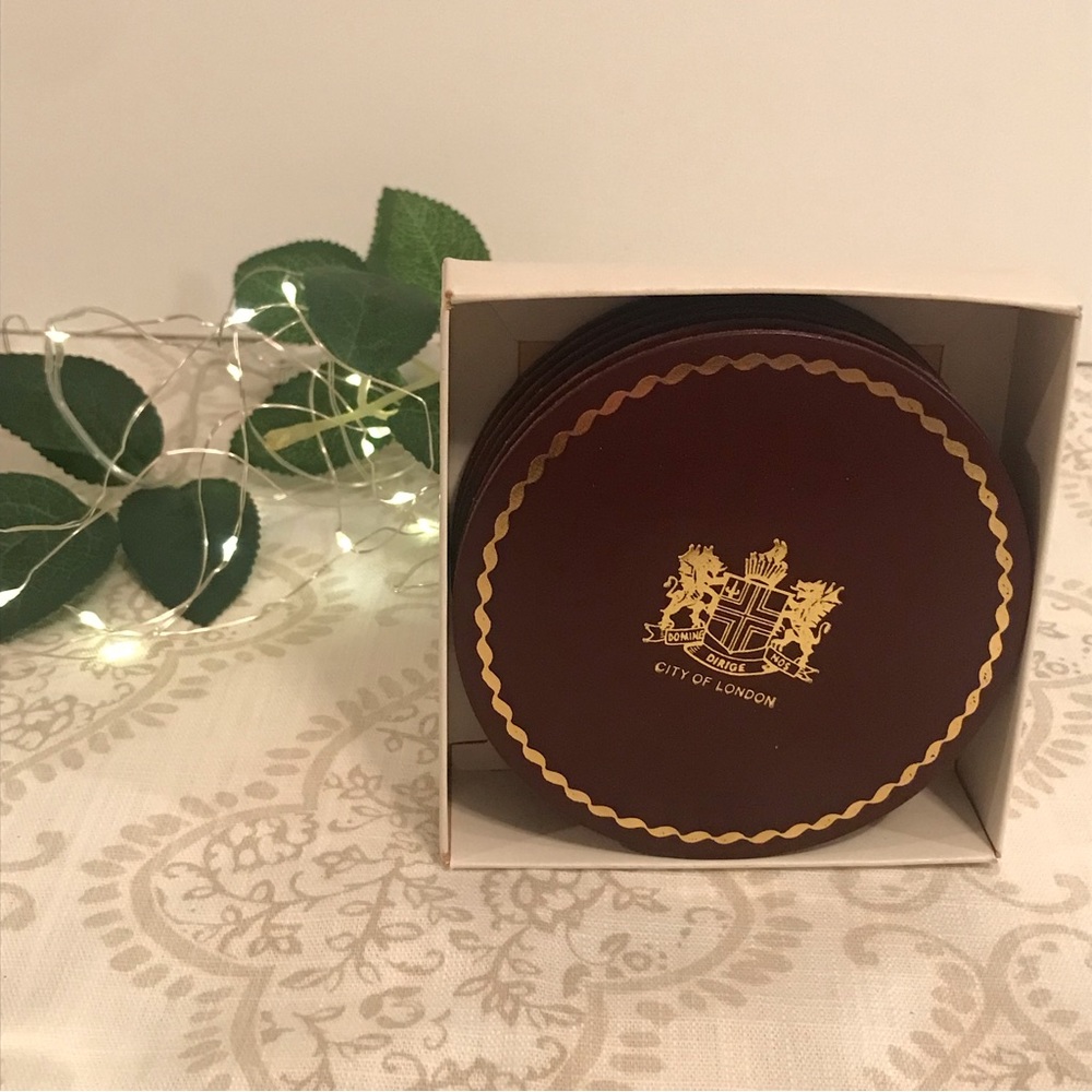 Leather Coasters with City of London Crest Brown & Gold Set of 6